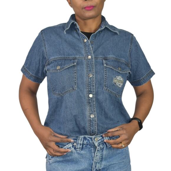 Vintage Harley Davidson Denim Shirt Blue Logo Patch Motorcycles Bike Size Medium - Picture 1 of 15